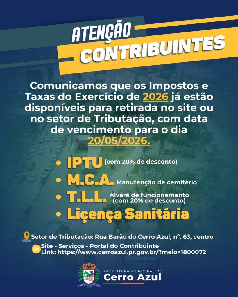 Comunicado Importante: Impostos e Taxas de 2026 Já Disponíveis em Cerro Azul